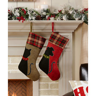 Gift Craft Red Brown Plaid Cat and Dog Family Pets Christmas Holiday Stockings