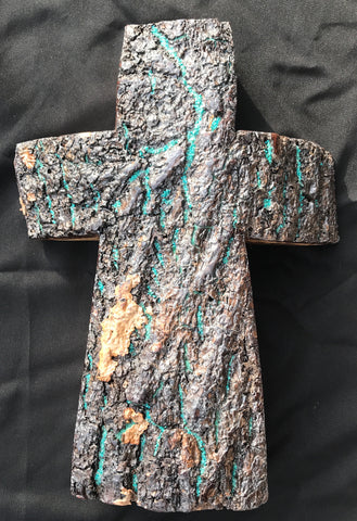 Jancason Hand Carved Wooden Cross with Turquoise & Bark #4272