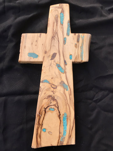 Jancason Hand Carved Smooth Wooden Cross with Turquoise #4236