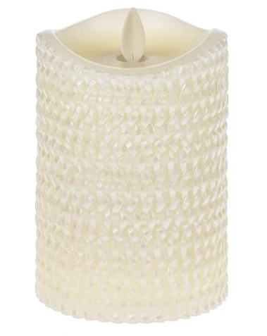 Flame Less Candle Carved Pearlized Wax Pillar - Ivory