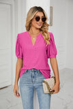 Solid Color V-Neck Bubble Sleeve Loose Fit Summer Top for Women