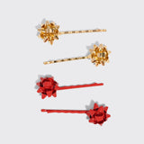 KITSCH - Metal Gift Bow Bobby Pins 4pc Set - Red & Gold