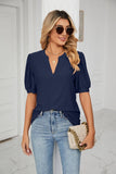 Solid Color V-Neck Bubble Sleeve Loose Fit Summer Top for Women