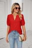 Solid Color V-Neck Bubble Sleeve Loose Fit Summer Top for Women