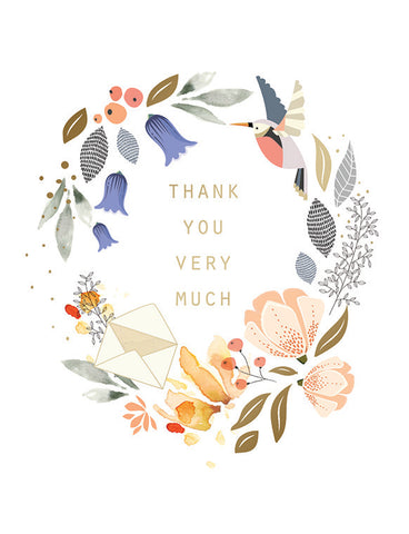 Floral Wreath and Bird Boxed Thank You Cards Boxed
