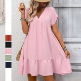 Summer Ruffle Hem Dress with Flattering V Neck Casual Style