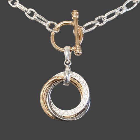 Anna Marie Gold, Gunmetal & Crystal Three Rings 2 Tone Link Toggle Necklace