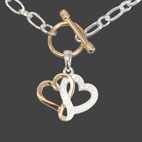 Anna Marie Gold & Crystal Twisted Hearts Two Tone Link Toggle Necklace