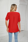 Solid Color V-Neck Bubble Sleeve Loose Fit Summer Top for Women
