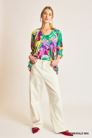Floral Print 3/4 Elastic Ruffle Cuffed Sleeve V-Neck Top with High Low Hem