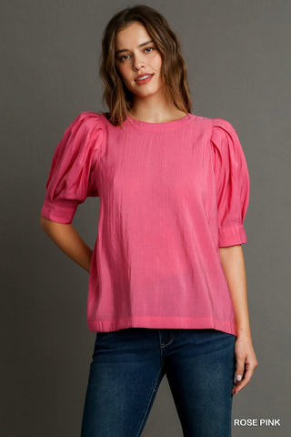 Modal Round Neck Pleated Boxy Cut Top with Bubble Short Sleeves