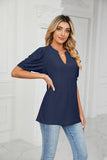 Solid Color V-Neck Bubble Sleeve Loose Fit Summer Top for Women