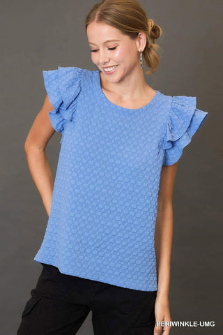 Textured Jacquard Top with Short Ruffled Sleeves