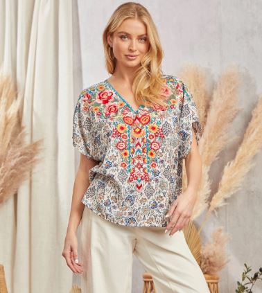 enchanting floral embroidered printed top