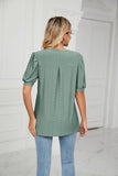 Solid Color V-Neck Bubble Sleeve Loose Fit Summer Top for Women