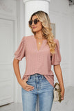 Solid Color V-Neck Bubble Sleeve Loose Fit Summer Top for Women