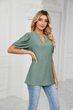 Solid Color V-Neck Bubble Sleeve Loose Fit Summer Top for Women