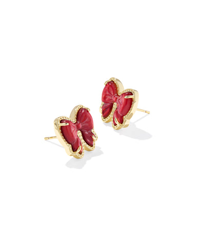 HALEY BOW STUD EARRINGS GOLD SCARLET RED MOTHER OF PEARL