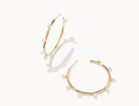 Kendra Scott-Leighton Gold Metal Pearl Hoop Earrings in White Pearl