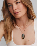 DANIELLE RIVETED LONG PENDANT NECKLACE GOLD DARK BROWN HAWK'S EYE