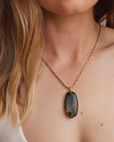 DANIELLE RIVETED LONG PENDANT NECKLACE GOLD DARK BROWN HAWK'S EYE