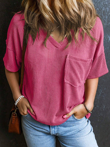 Women's Valerian Corded V Neck Chest Pocket Loose T-shirt