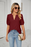 Solid Color V-Neck Bubble Sleeve Loose Fit Summer Top for Women