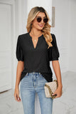 Solid Color V-Neck Bubble Sleeve Loose Fit Summer Top for Women