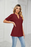Solid Color V-Neck Bubble Sleeve Loose Fit Summer Top for Women