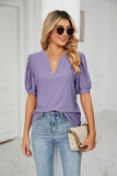 Solid Color V-Neck Bubble Sleeve Loose Fit Summer Top for Women