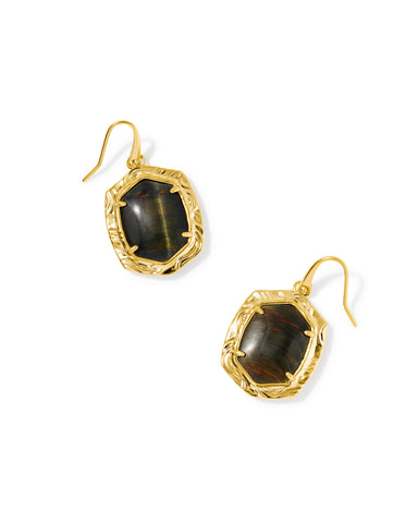 TIGER STRIPED DAPHNE DROP EARRINGS GOLD DARK BROWN HAWK'S EYE