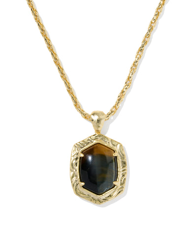 TIGER STRIPED DAPHNE PENDANT NECKLACE GOLD DARK BROWN HAWK'S EYE