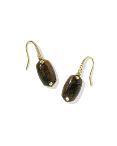 LEE RIVETED DROP EARRINGS GOLD DARK BROWN HAWK'S EYE