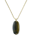 DANIELLE RIVETED LONG PENDANT NECKLACE GOLD DARK BROWN HAWK'S EYE