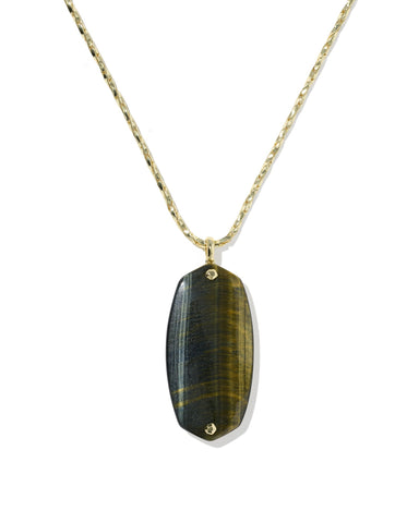 DANIELLE RIVETED LONG PENDANT NECKLACE GOLD DARK BROWN HAWK'S EYE