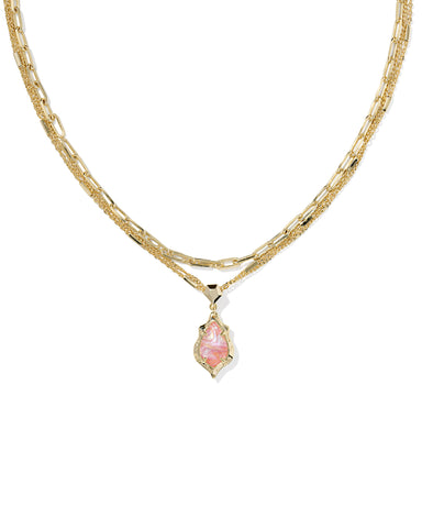 ADRIANA SCALLOP FRAME MULTI STRAND NECKLACE GOLD LIGHT PINK IRIDESCENT ABALONE