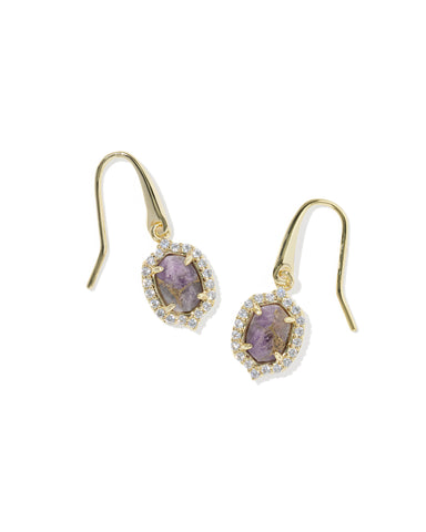 DAPHNE CRYSTAL FRAME DROP EARRINGS GOLD BRONZE VEINED PURPLE AMETHYST