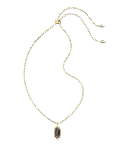 DANI STEPPED FRAME LONG PENDANT NECKLACE GOLD BRONZE VEINED PURPLE AMETHYST