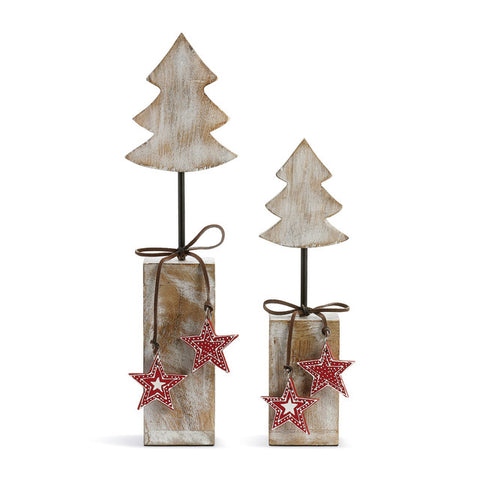 Rustic Wooden trees on blocks- with bright red stars