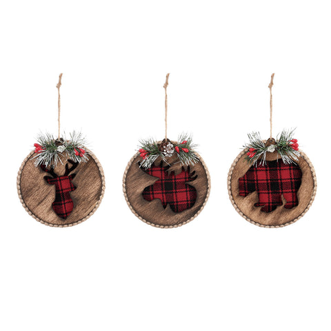 Wood disc Ornaments with Red & Black Plaid underlay