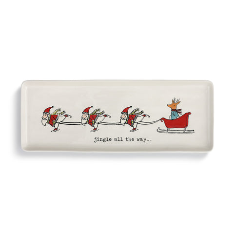 Santa Pulling Reindeer Platter Stoneware