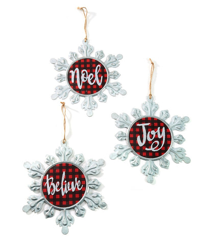 Tin Snowflake with Buffalo plaid- Noel, Believe or Joy-Ornament