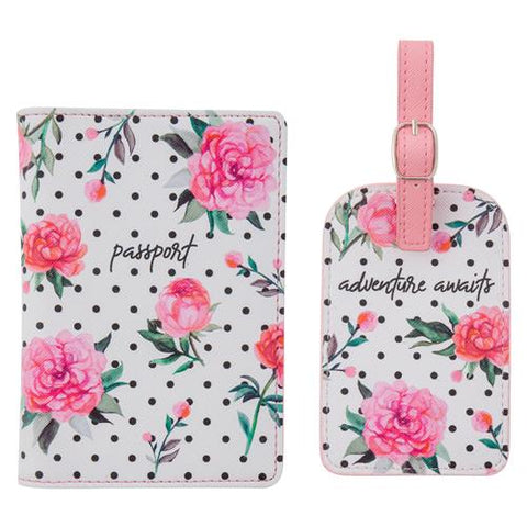 Passport Holder & Luggage Tag Set Pink Peony