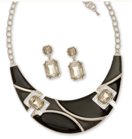 Crystal Stone and Black Collar Necklace and Earrings Set